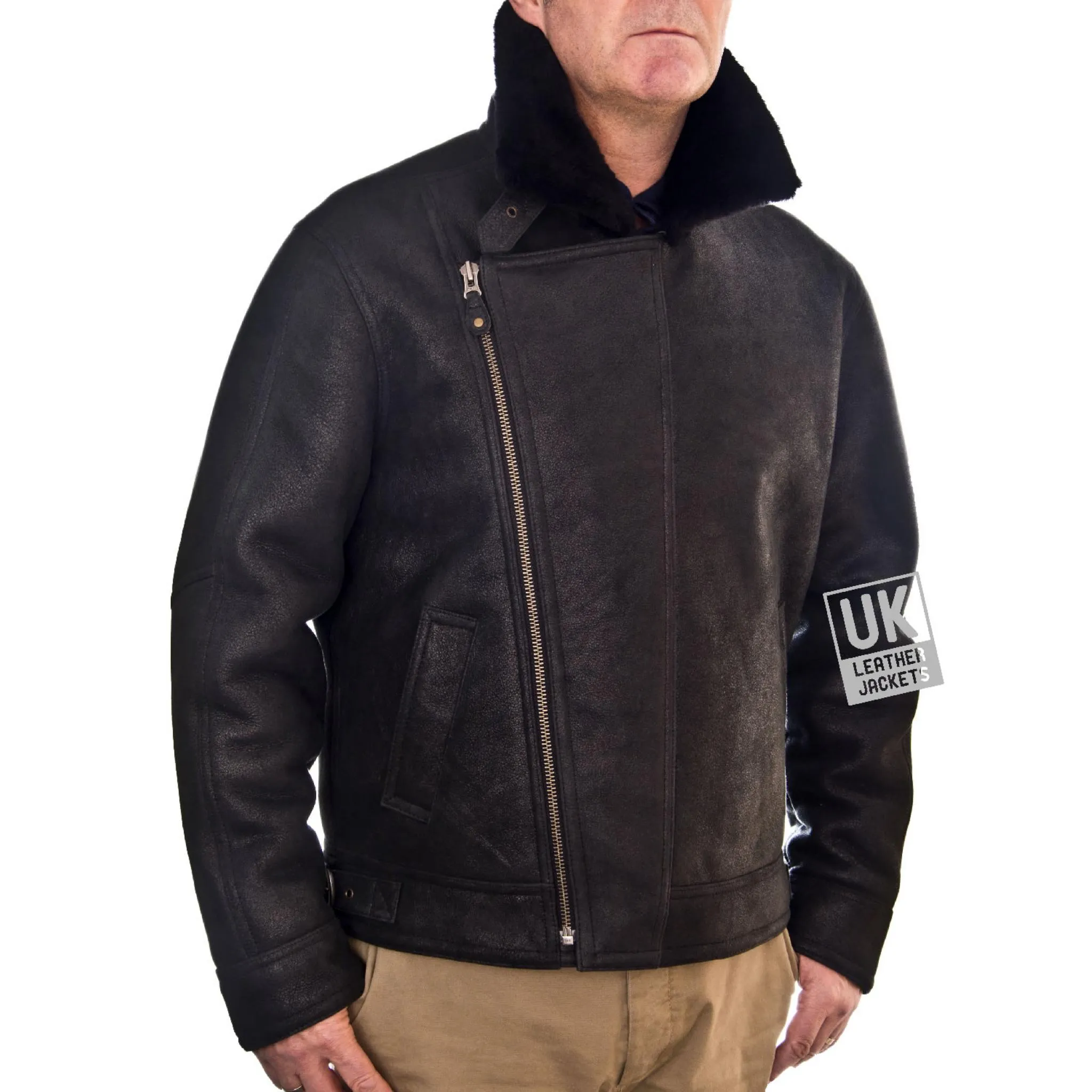 Men's Black Shearling Sheepskin Flying Jacket - Vail | Free UK Delivery