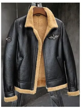 Men's Shearling Sheepskin Leather Motorcycle Bomber Jacket