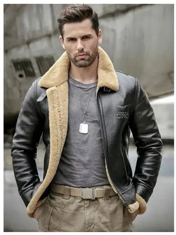 Men's Shearling Sheepskin Leather Motorcycle Bomber Jacket