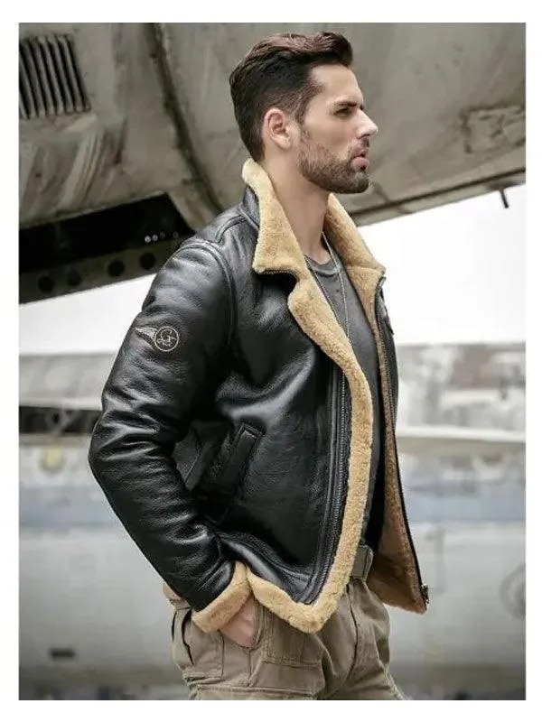 Men's Shearling Sheepskin Leather Motorcycle Bomber Jacket