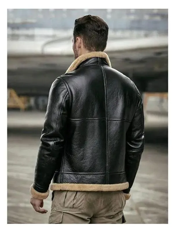 Men's Shearling Sheepskin Leather Motorcycle Bomber Jacket