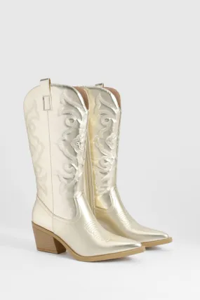 Metallic Embroidered Pu Western Cowboy Boots