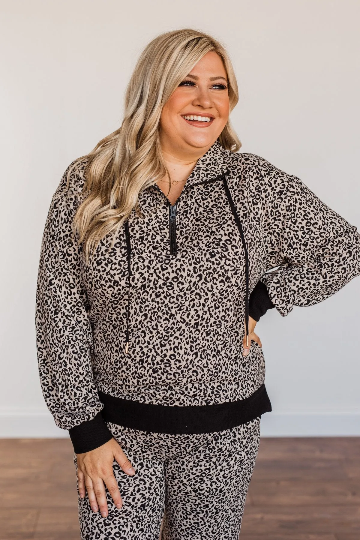 One Step Forward Leopard Quarter Zip Pullover- Black & Taupe