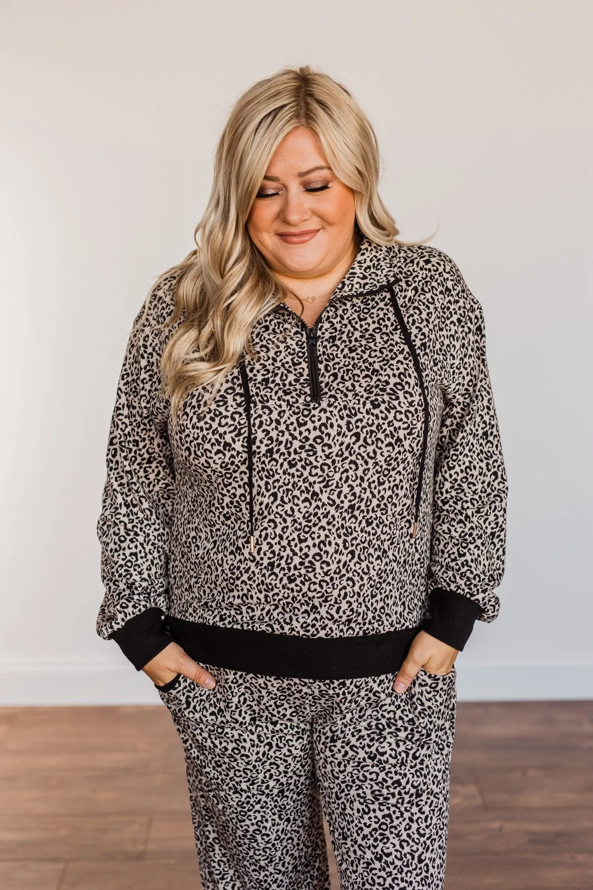 One Step Forward Leopard Quarter Zip Pullover- Black & Taupe