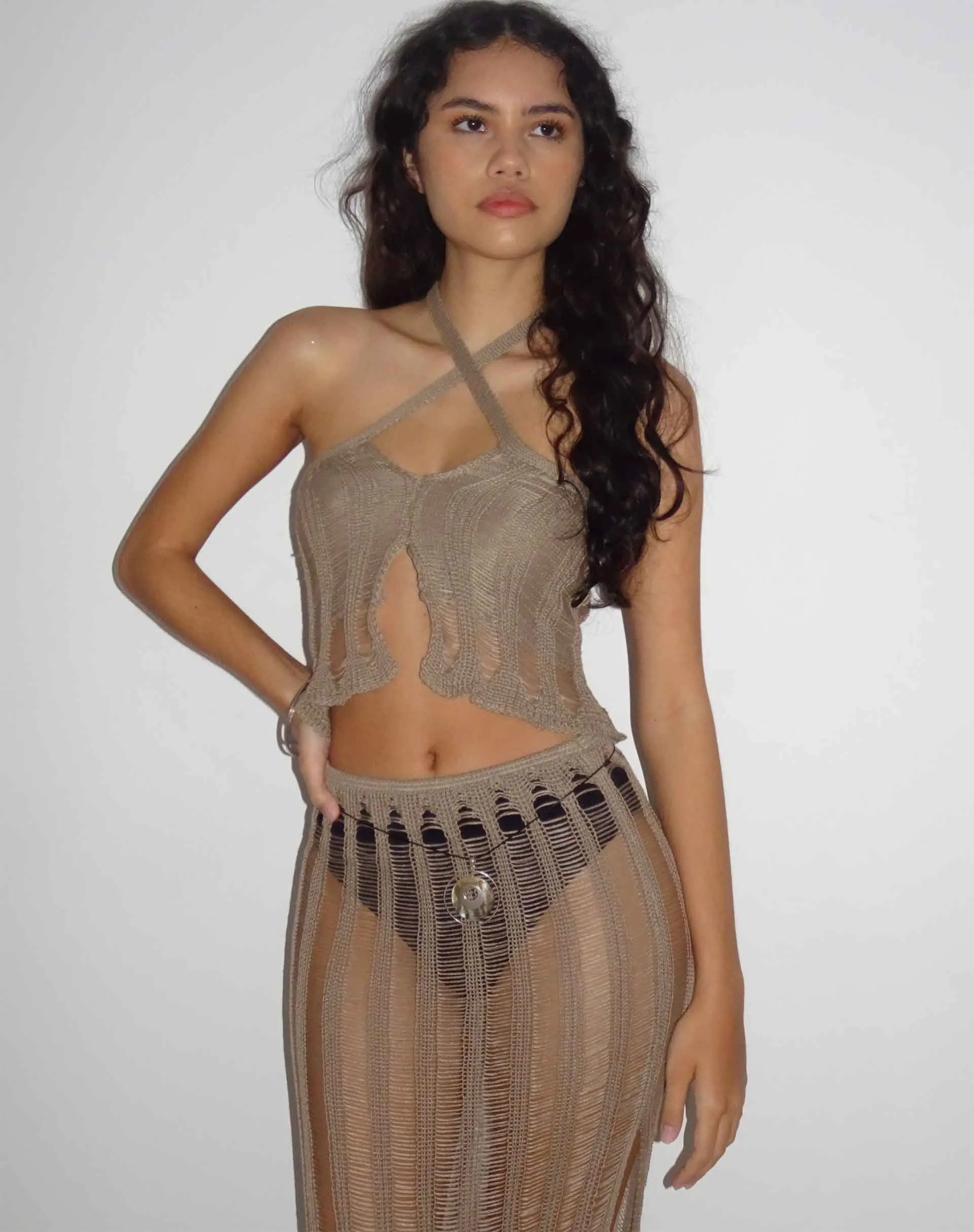 Phoebe Halterneck Knitted Top in Desert Taupe