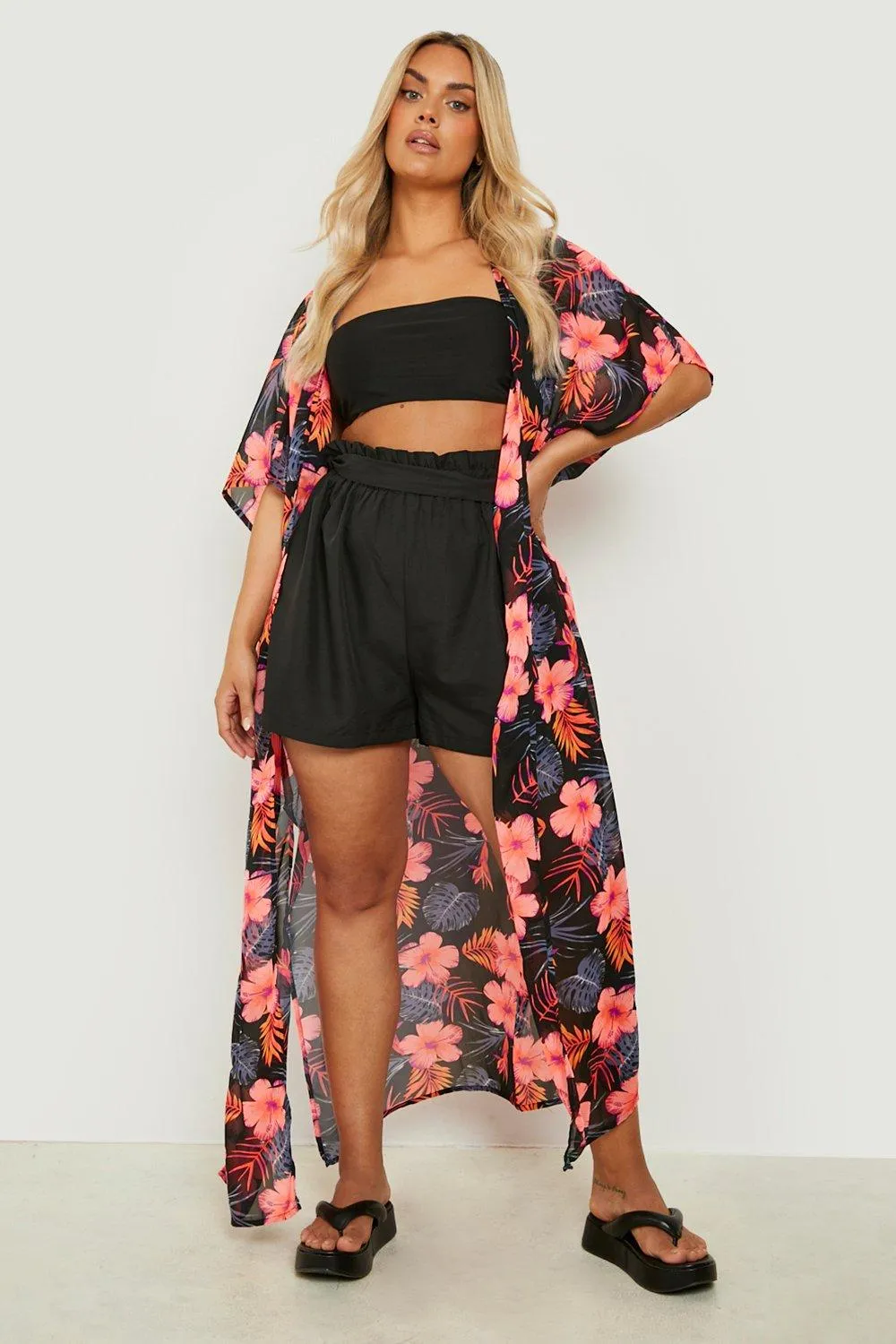 Plus Tropical Print Beach Kimono