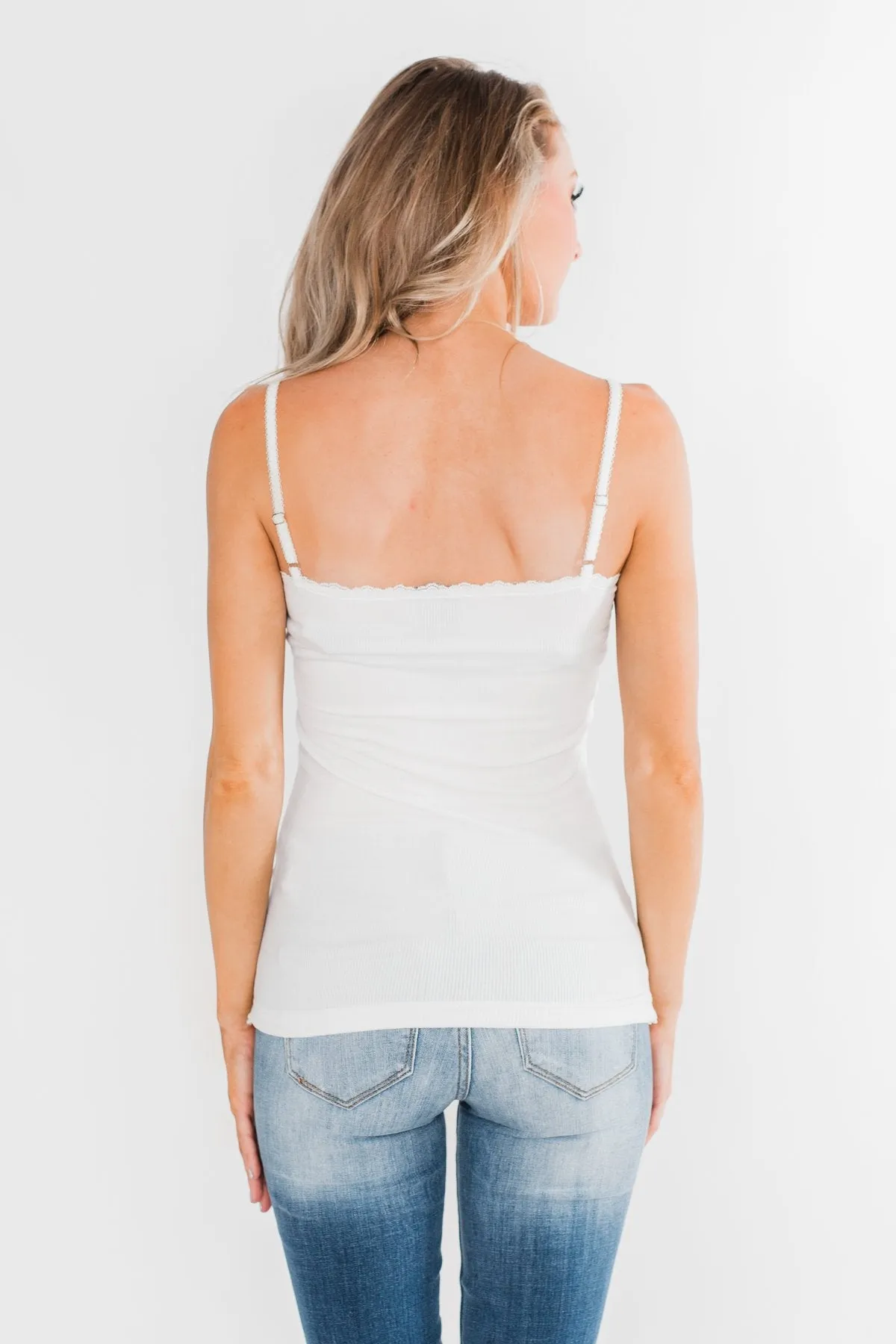 Pulse Basics Lace Trim Button Tank- White