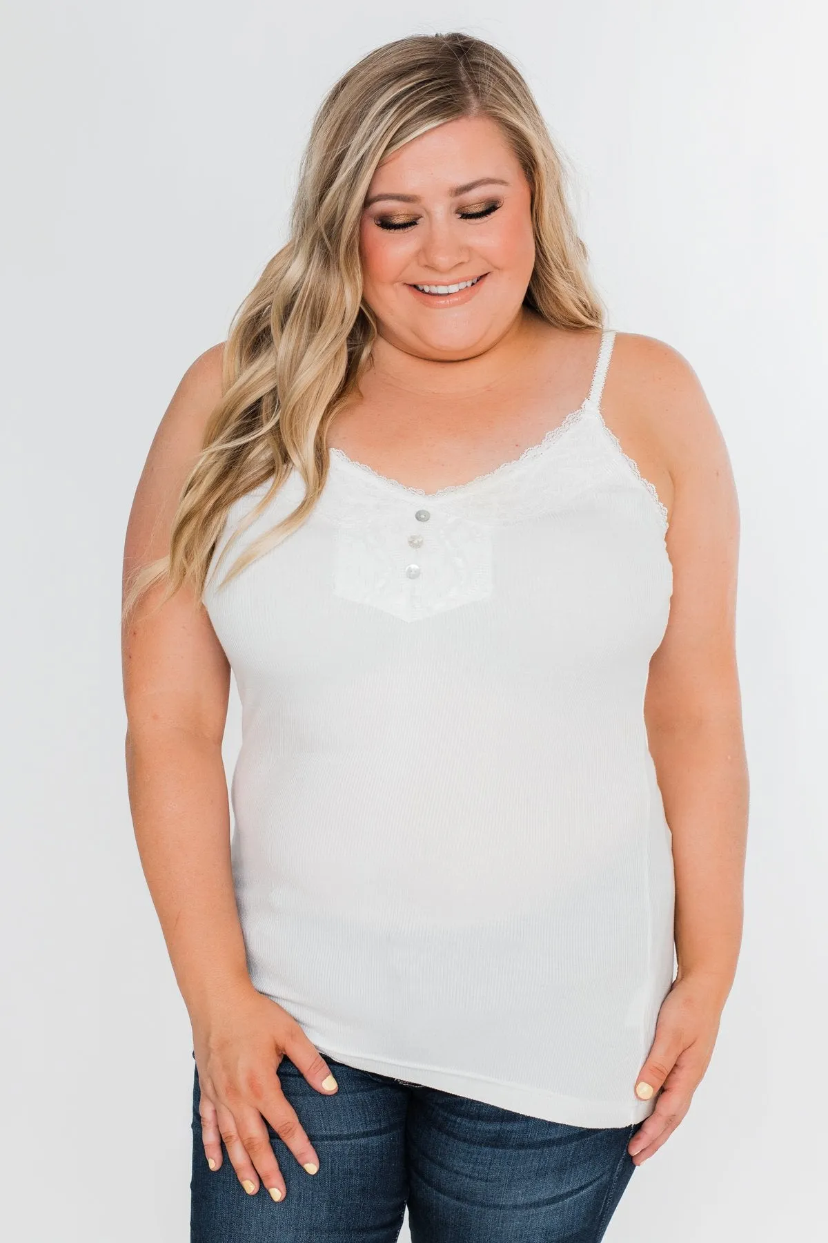 Pulse Basics Lace Trim Button Tank- White