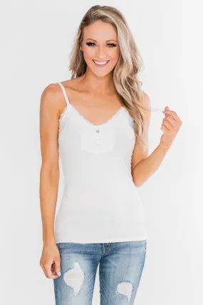 Pulse Basics Lace Trim Button Tank- White