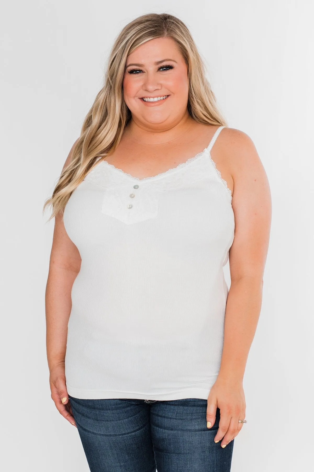 Pulse Basics Lace Trim Button Tank- White