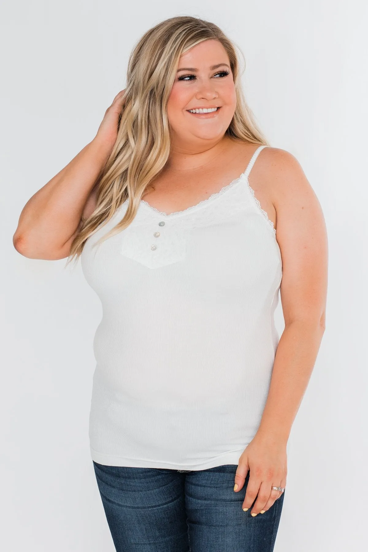 Pulse Basics Lace Trim Button Tank- White