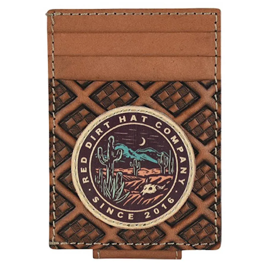 Red Dirt Hat Co. Men's Rodeo Desert Scene Logo Patch Magnetic Clip Card Case Wallet - Brown