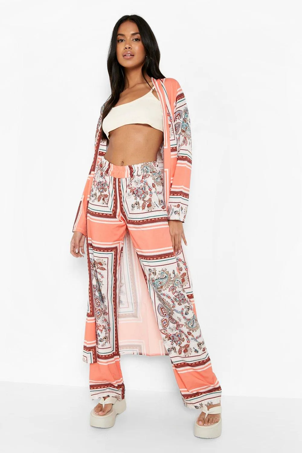 Scarf Print Kimono & Relaxed Fit Pants