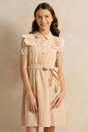 Senior Girls Beige And White Striped Collared Dress