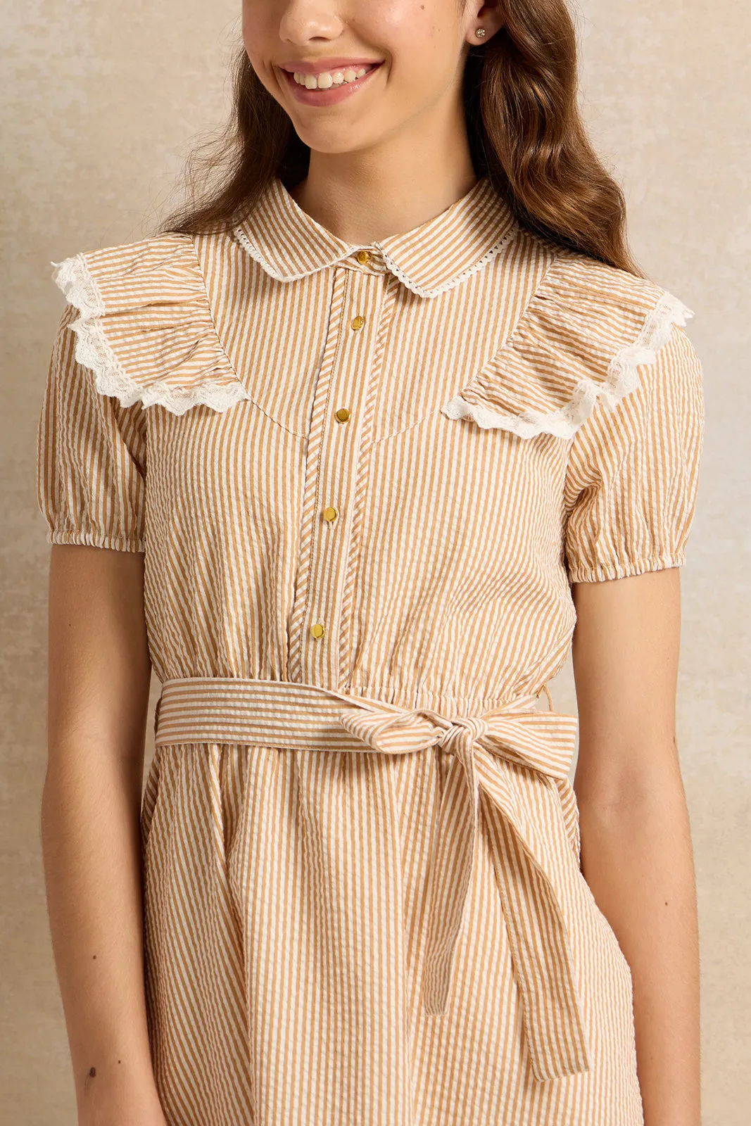 Senior Girls Beige And White Striped Collared Dress