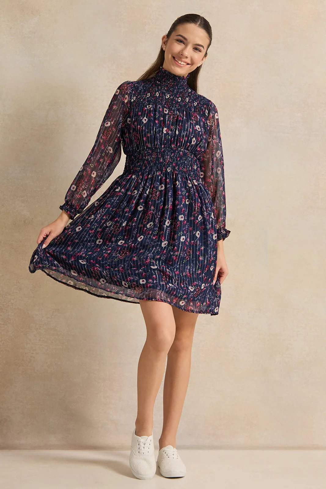 Senior Girls Navy Floral Front Ruffled Chiffon Dress