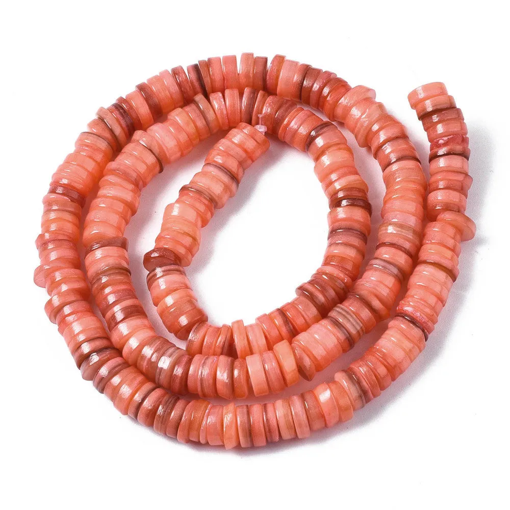 Shell Beads, Natural, Freshwater, Dyed, Dark Salmon, Heishi Disc Beads, Flat, Round, 6mm