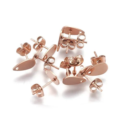 Stud Earring Findings, 304 Stainless Steel, Teardrop, Flat Plate, With Hole, Ion Plated, Rose Gold, 10x6mm