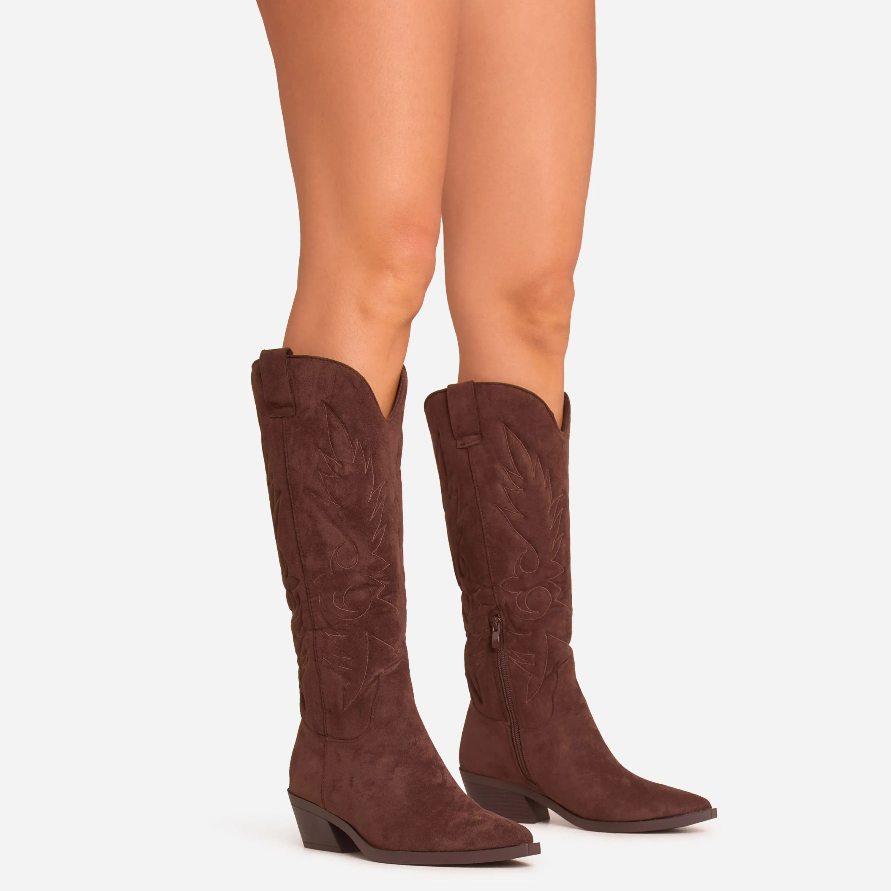 Tara Embroidered Detail Pointed Toe Knee High Long Western Cowboy Boot In Brown Faux Suede