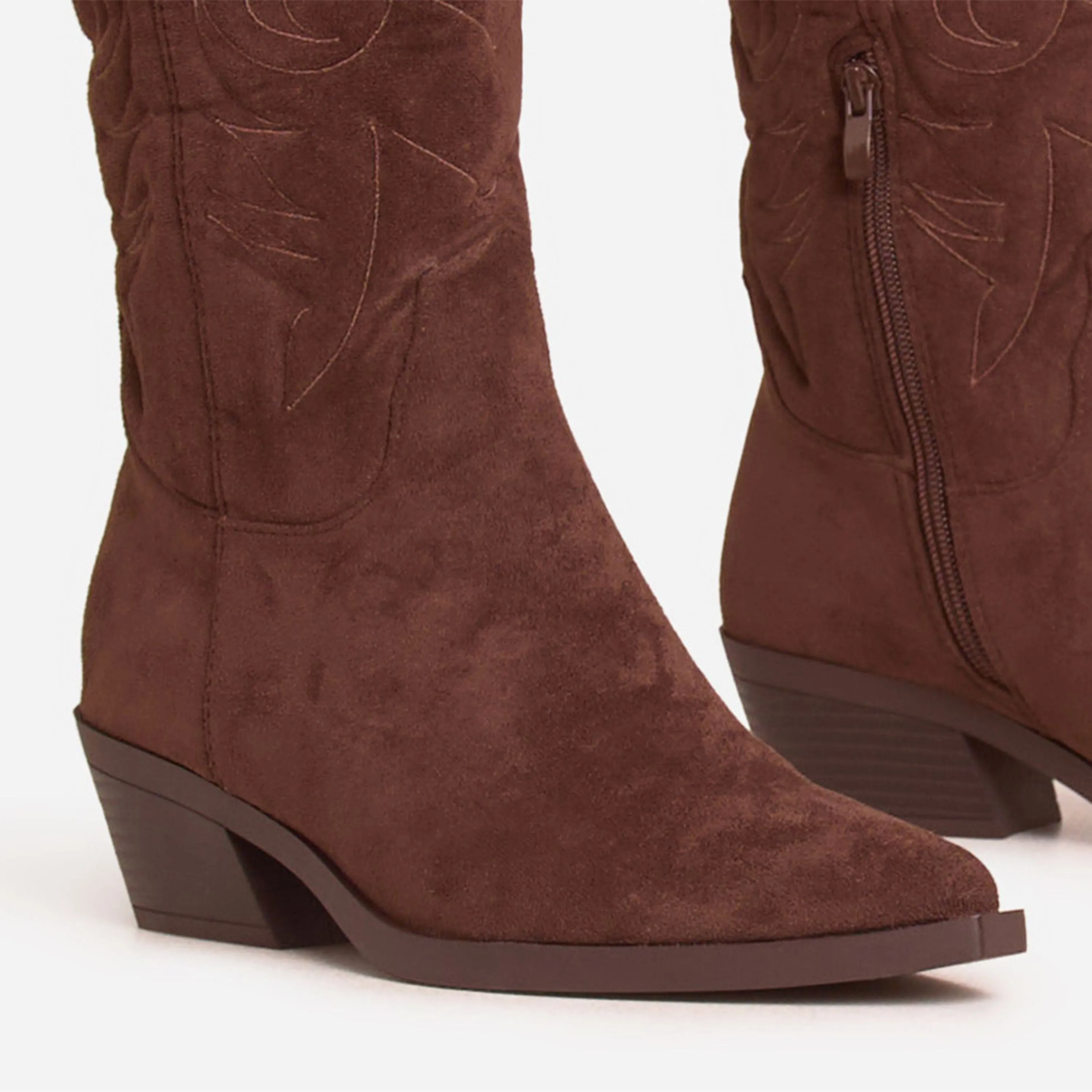 Tara Embroidered Detail Pointed Toe Knee High Long Western Cowboy Boot In Brown Faux Suede