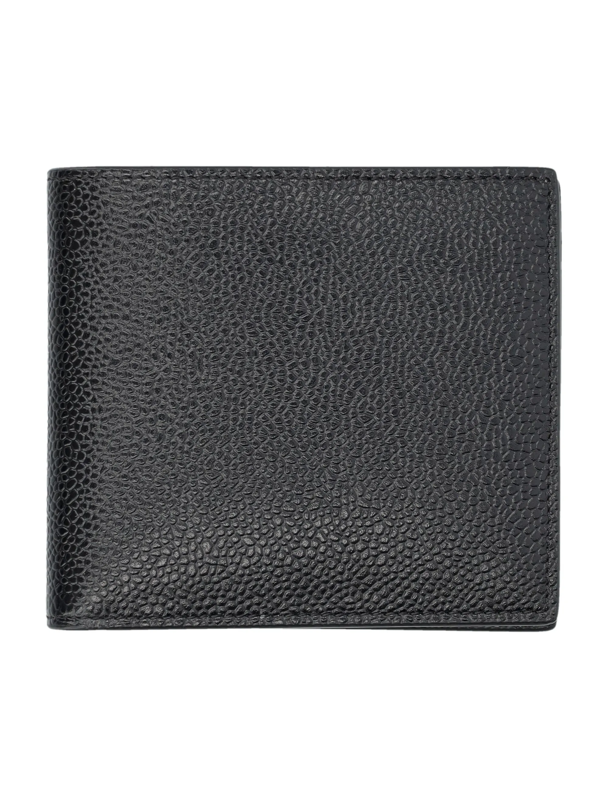 THOM BROWNE Elegant Black Pebbled Leather Billfold with Striped Lining 11.5 x 12 cm