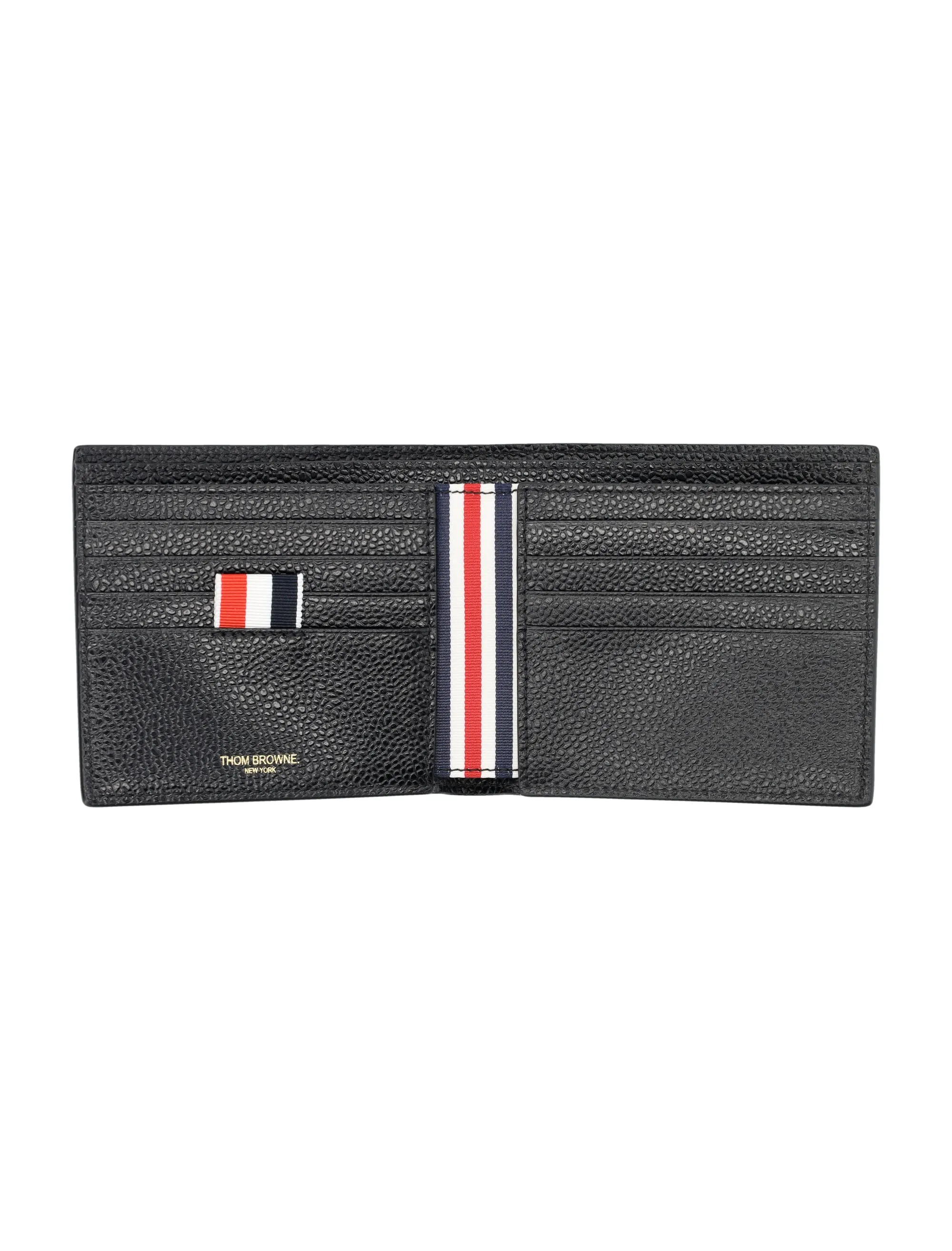 THOM BROWNE Elegant Black Pebbled Leather Billfold with Striped Lining 11.5 x 12 cm