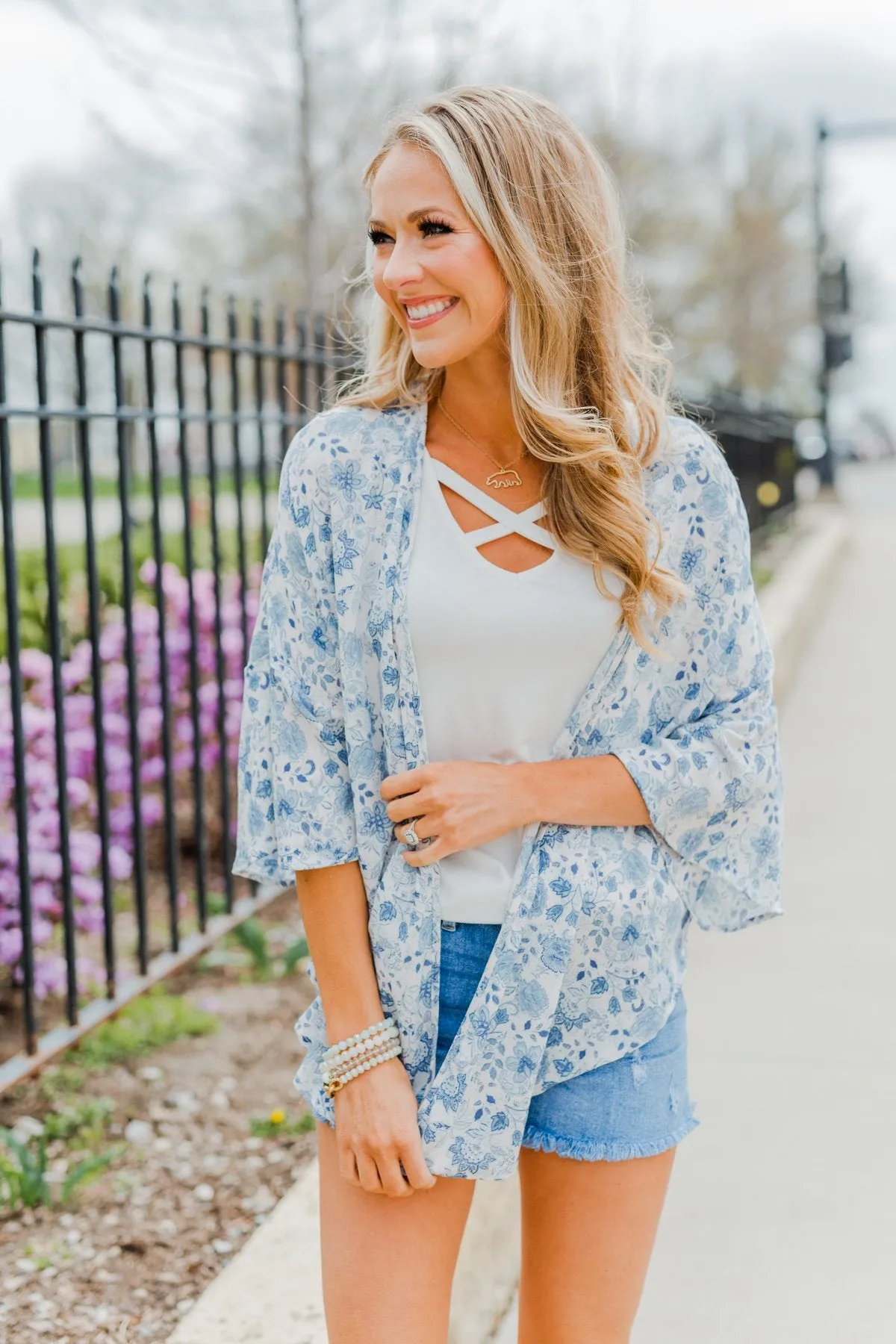 Thoughtful Wishes Floral Kimono- Ivory & Blue