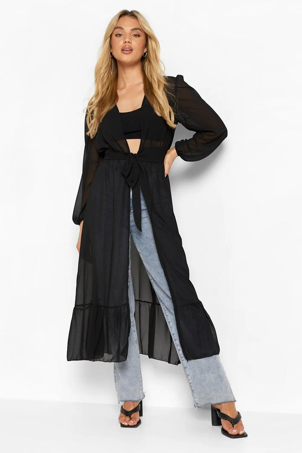 Tiered Panel Maxi Belted Kimono