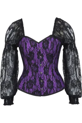 Top Drawer Purple w/Black Lace Steel Boned Long Sleeve Corset