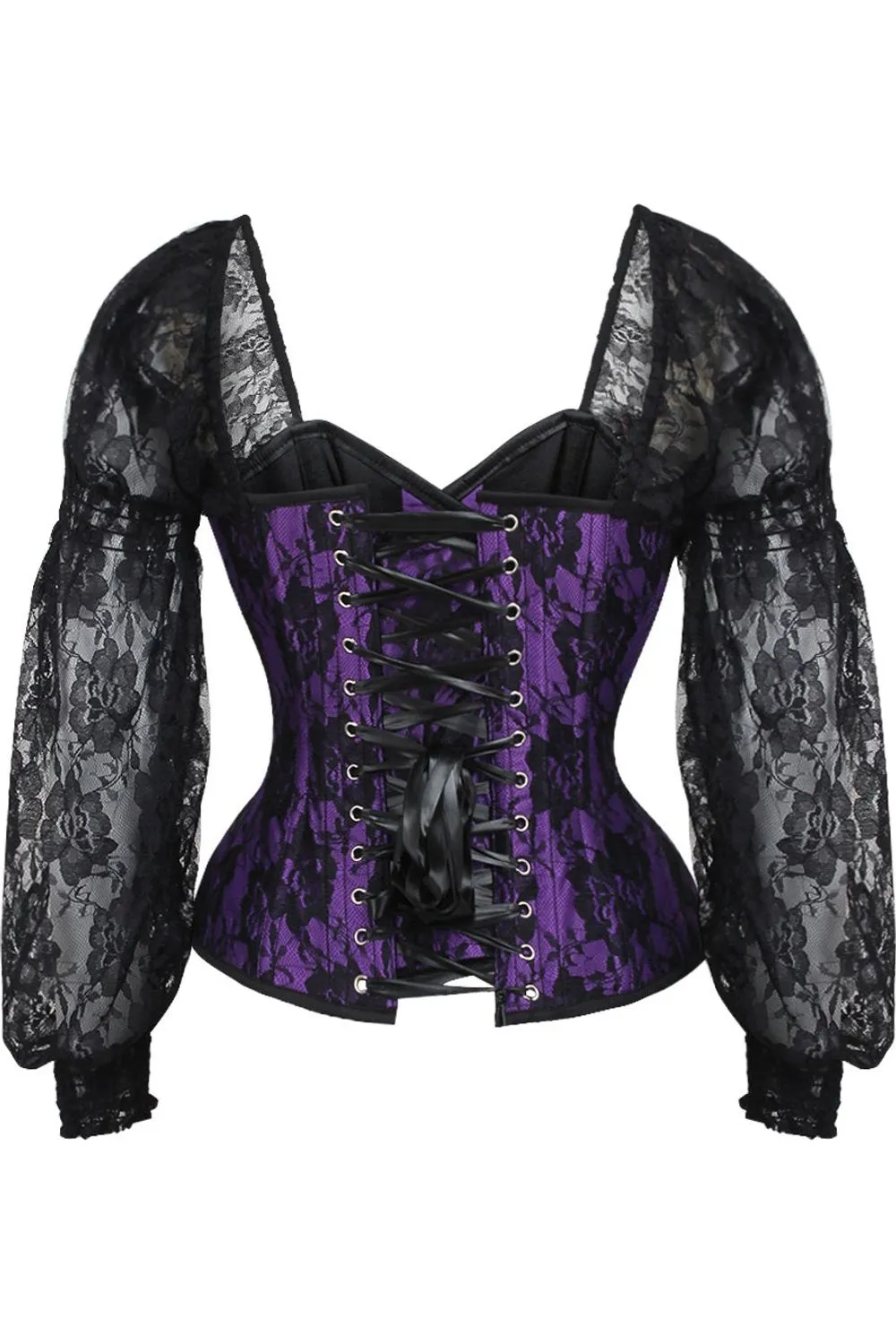 Top Drawer Purple w/Black Lace Steel Boned Long Sleeve Corset