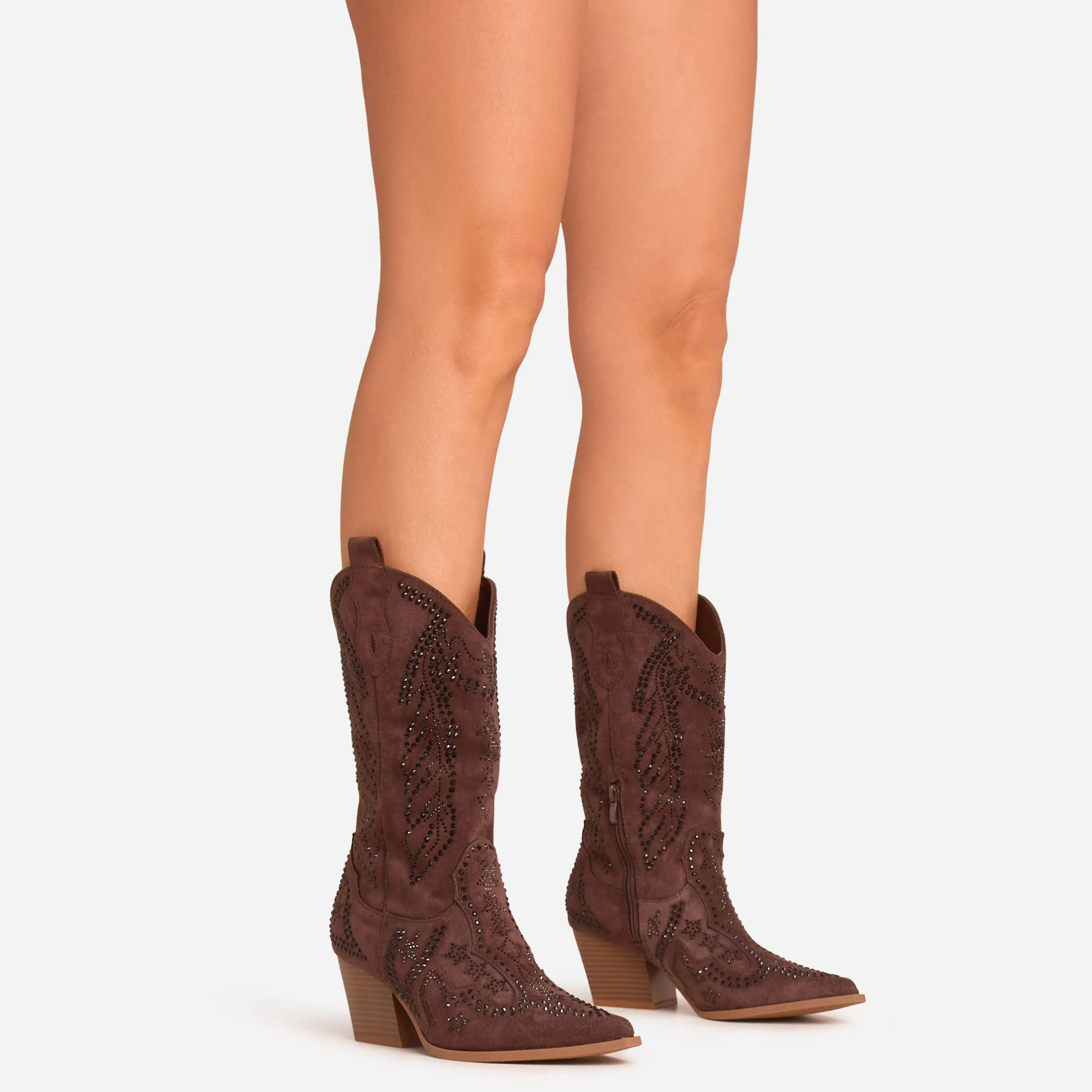 Vala Stud Detail Pointed Toe Mid Calf Western Cowboy Boot In Brown Faux Suede