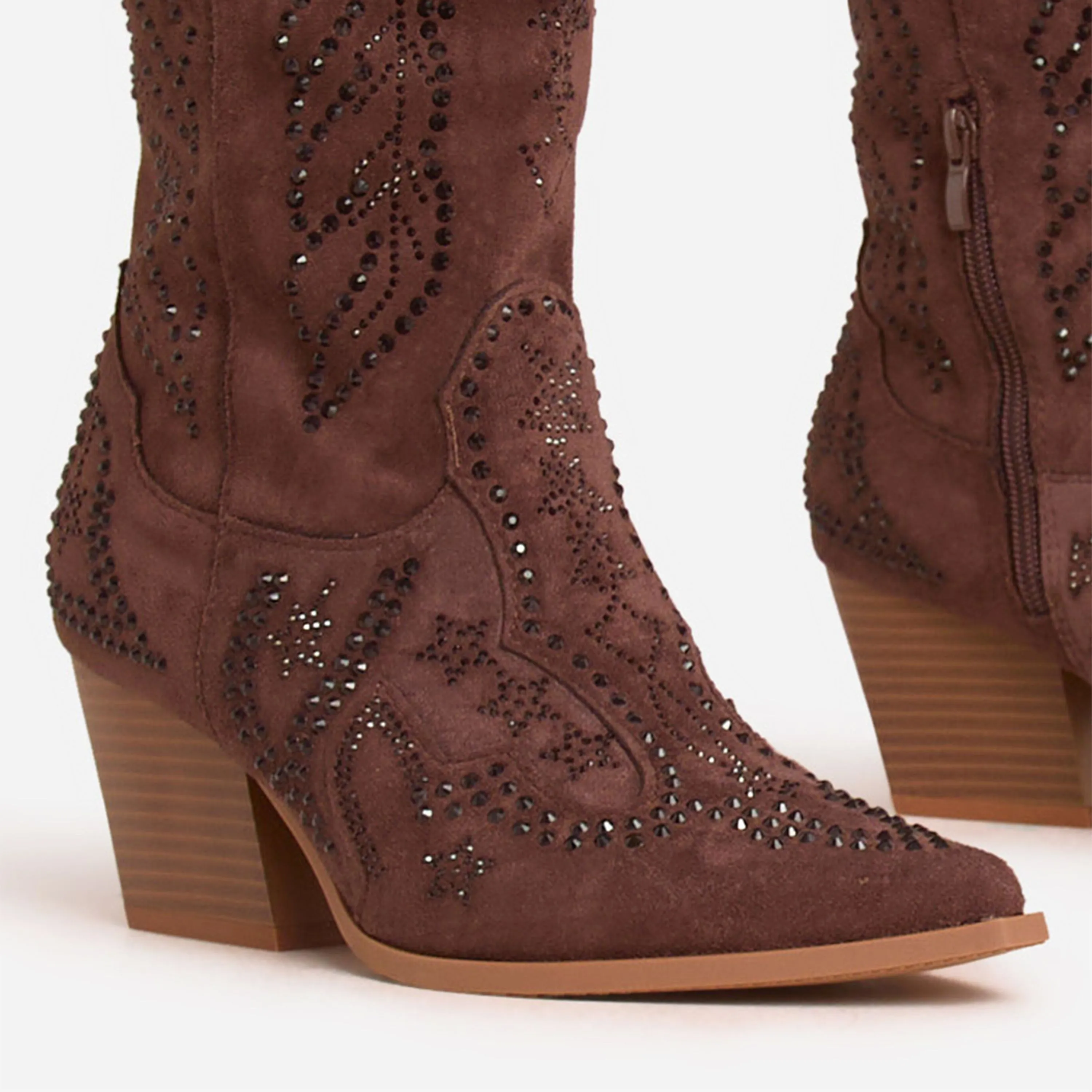 Vala Stud Detail Pointed Toe Mid Calf Western Cowboy Boot In Brown Faux Suede