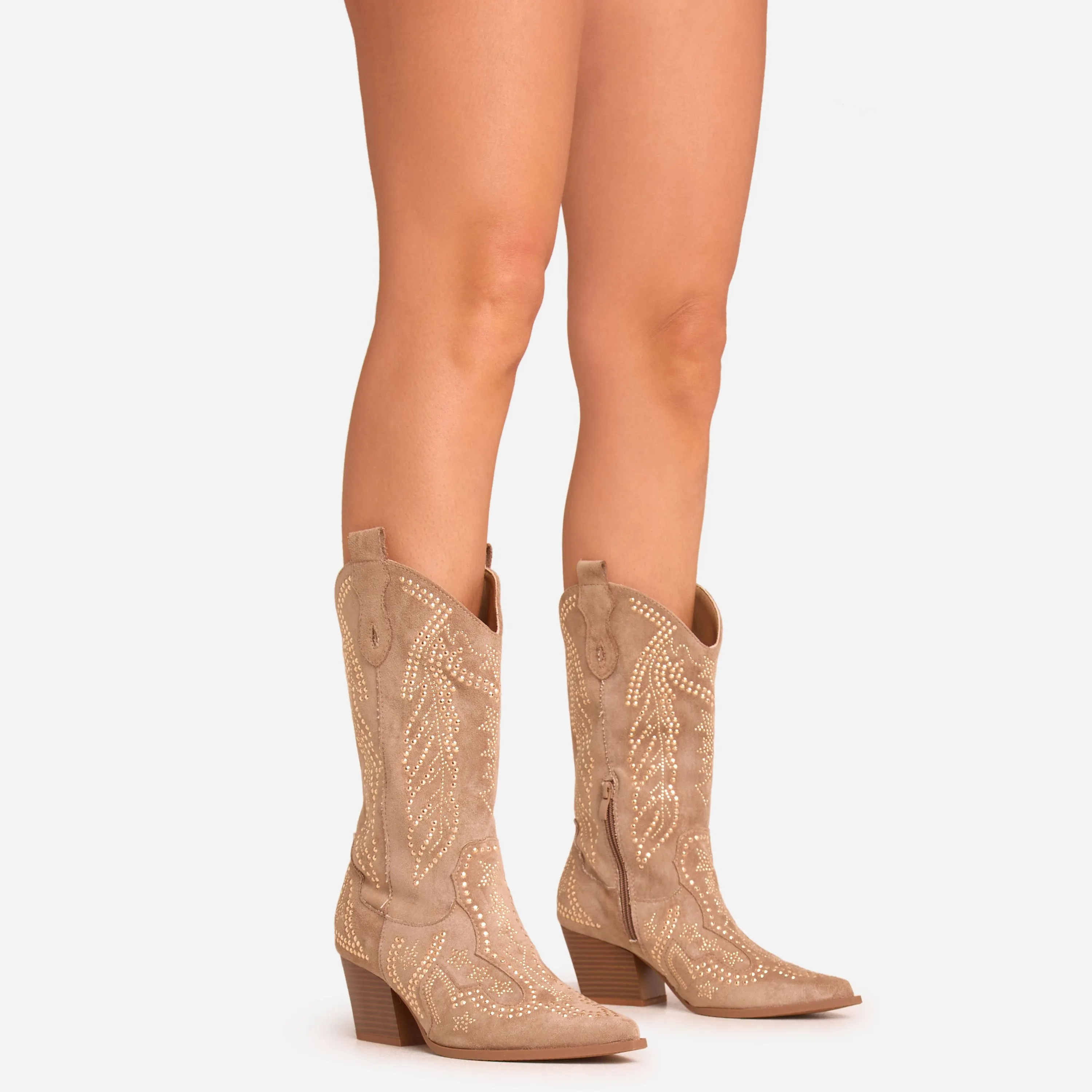 Vala Stud Detail Pointed Toe Mid Calf Western Cowboy Boot In Taupe Faux Suede