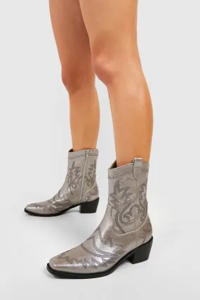 Wide Width Metallic Stitch Detail Western Cowboy Boots