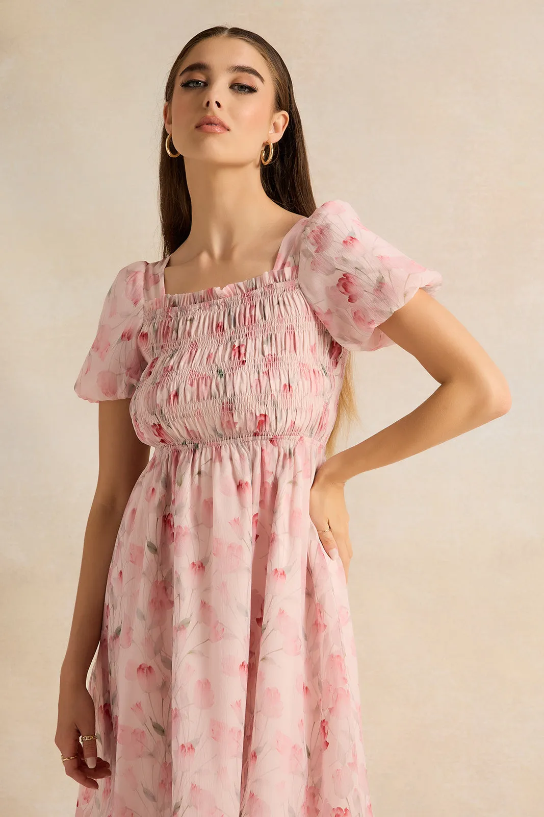 Women Pink Floral Print Dress