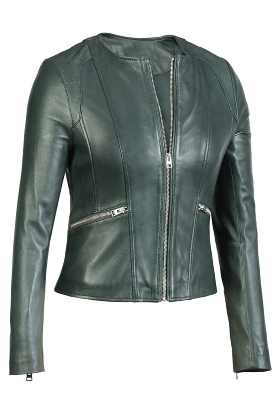 Women's Green Sheepskin Leather Biker Jacket