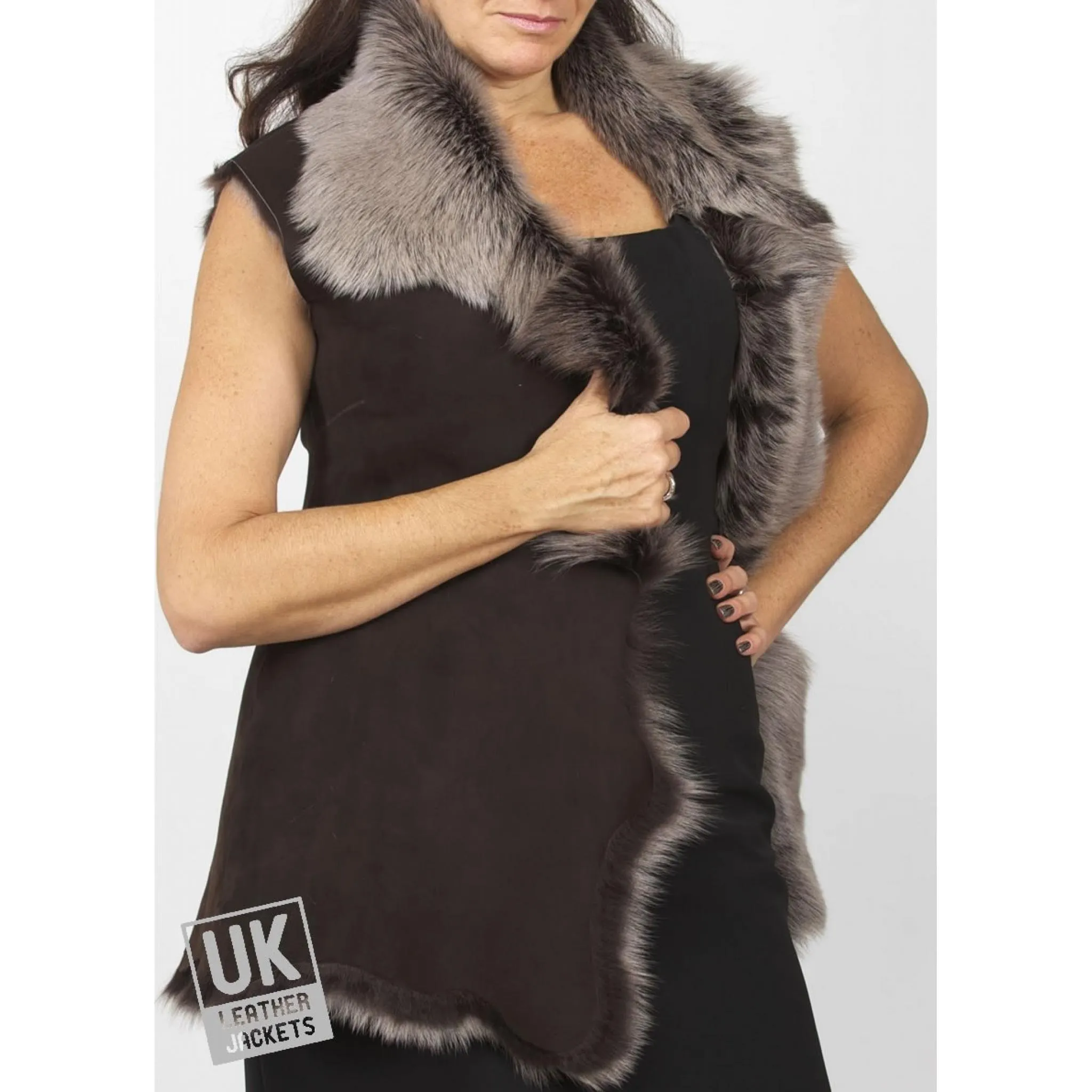 Womens Long Toscana Sheepskin Gilet - Brown Snow Tipped | Free UK Delivery