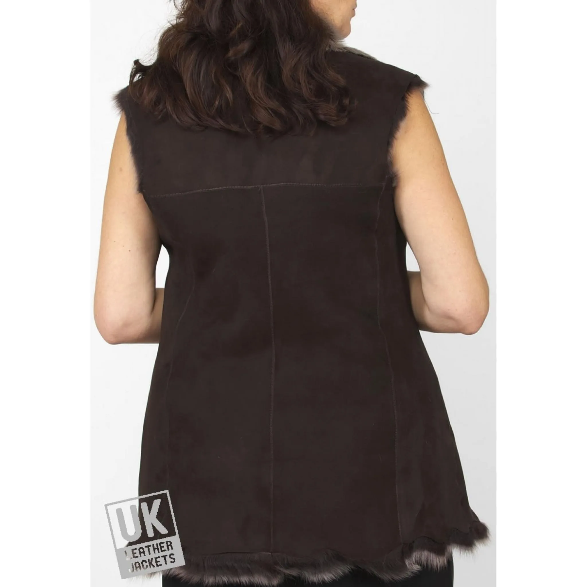 Womens Long Toscana Sheepskin Gilet - Brown Snow Tipped | Free UK Delivery