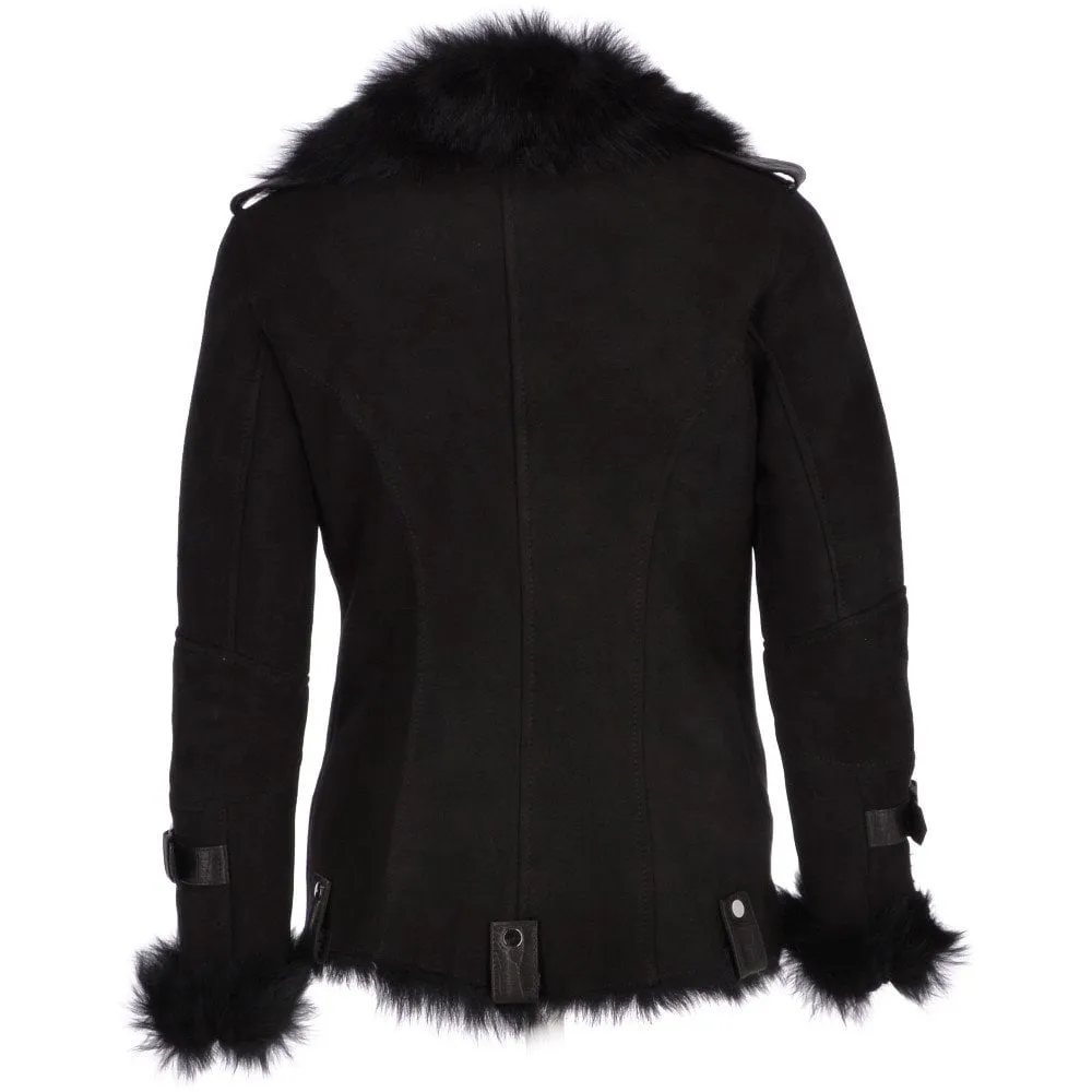 Womens Luxury Side Zip Toscana Suede Sheepskin Pilot Jacket Black :  Lyanna