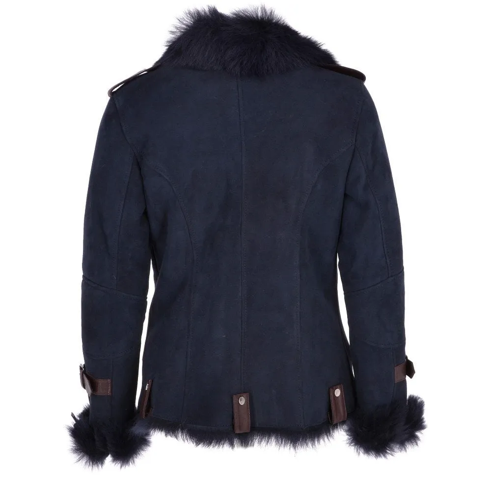 Womens Luxury Side Zip Toscana Suede Sheepskin Pilot Jacket Ombre Blue :  Lyanna