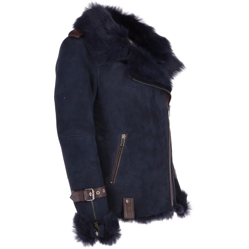 Womens Luxury Side Zip Toscana Suede Sheepskin Pilot Jacket Ombre Blue :  Lyanna