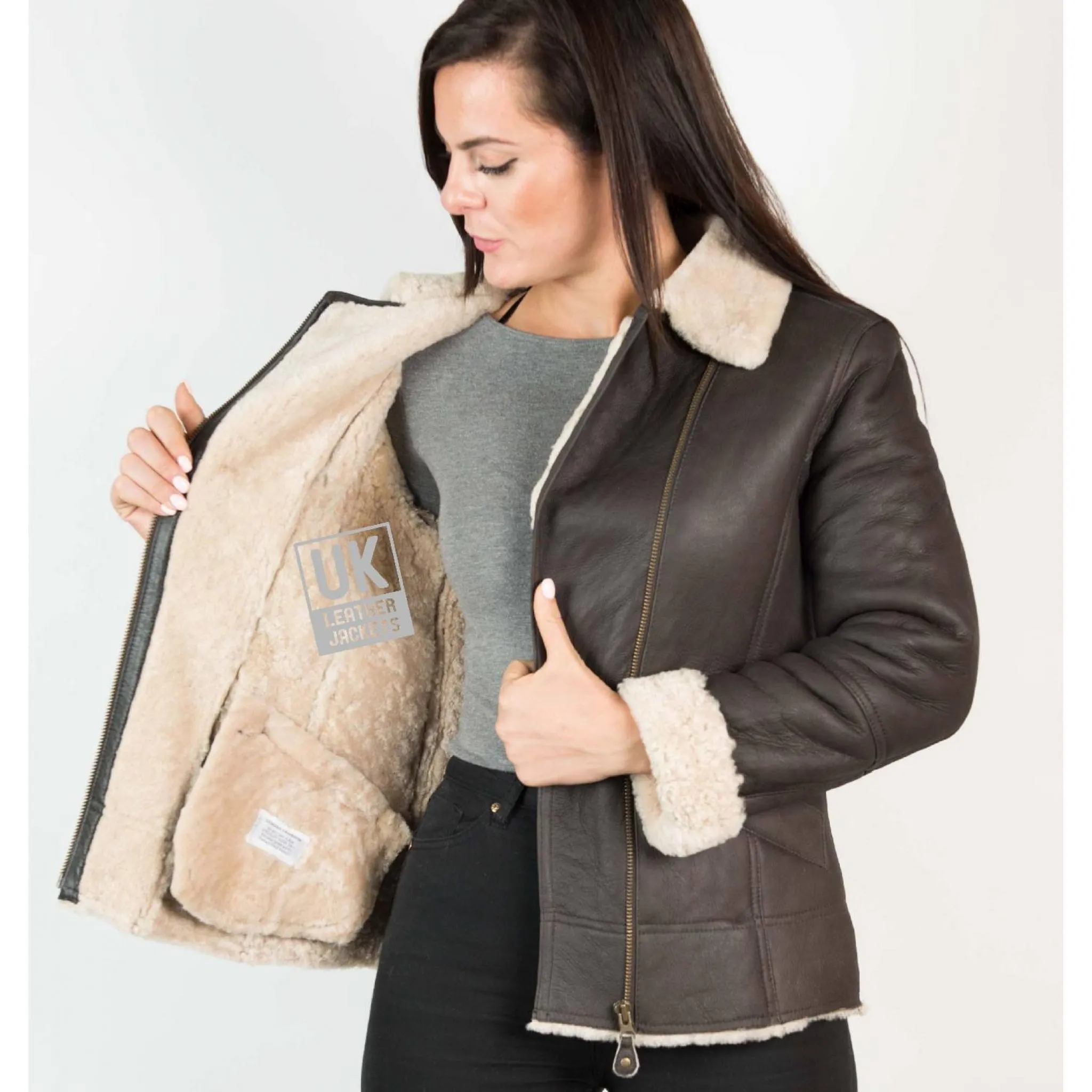 Womens Shearling Sheepskin Jacket - Anara - Cream Wool | Free UK Delivery