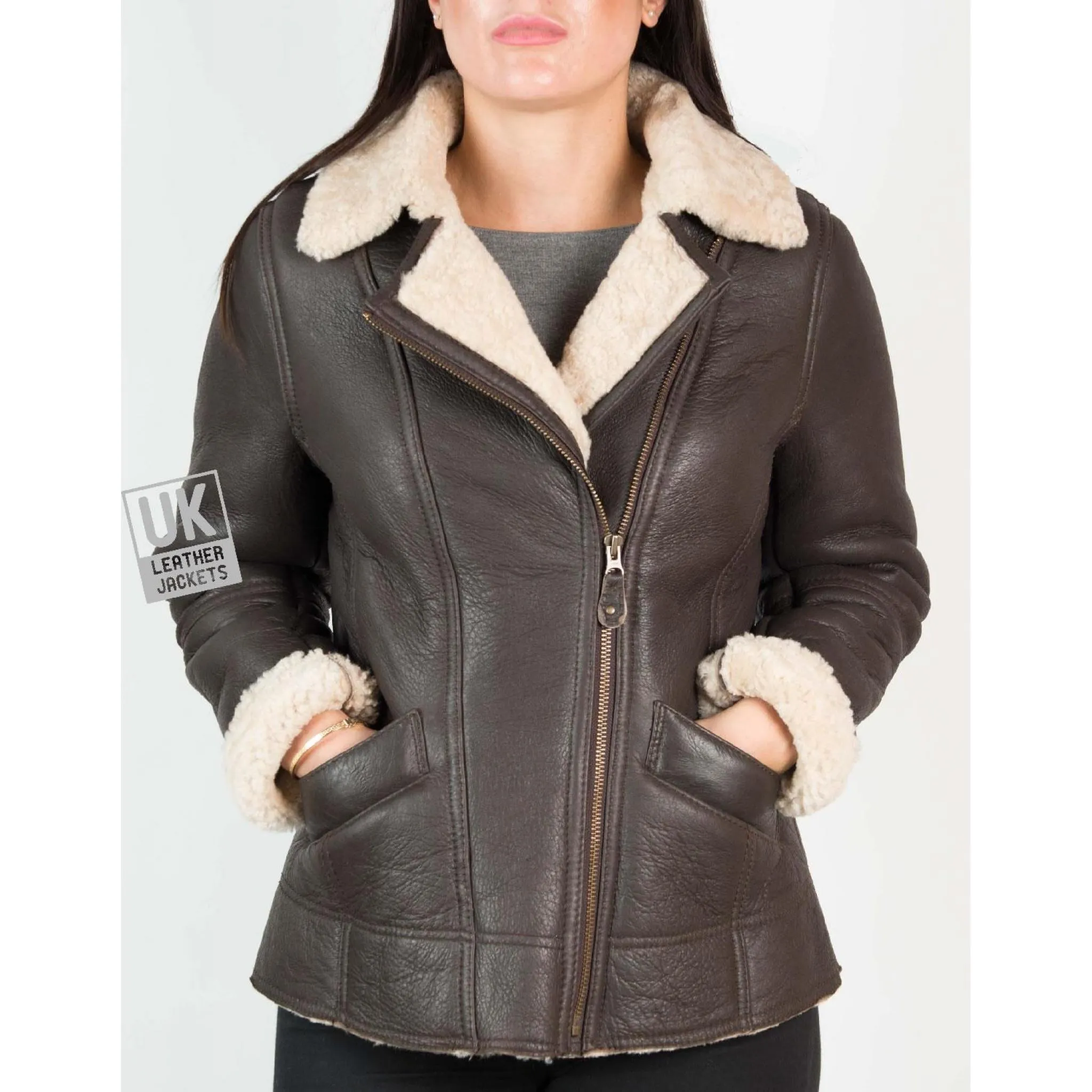 Womens Shearling Sheepskin Jacket - Anara - Mocha Cream | Free UK Delivery