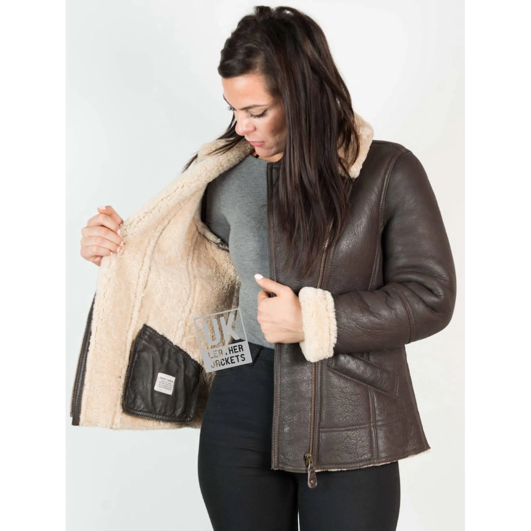 Womens Shearling Sheepskin Jacket - Anara - Mocha Cream | Free UK Delivery