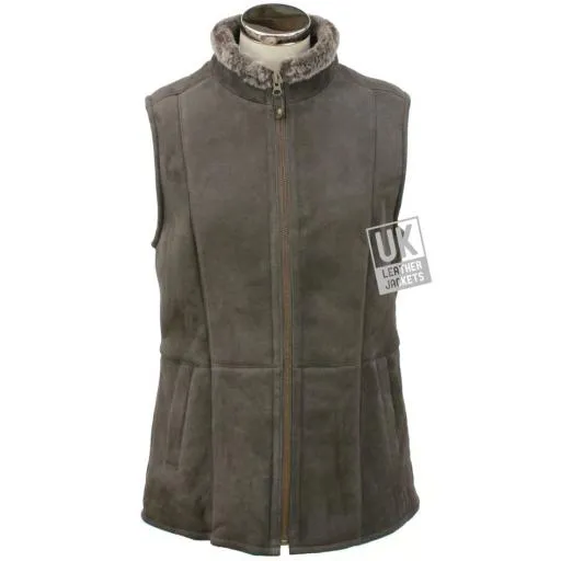 Womens Shearling Sheepskin Zip Gilet - Grey Suede