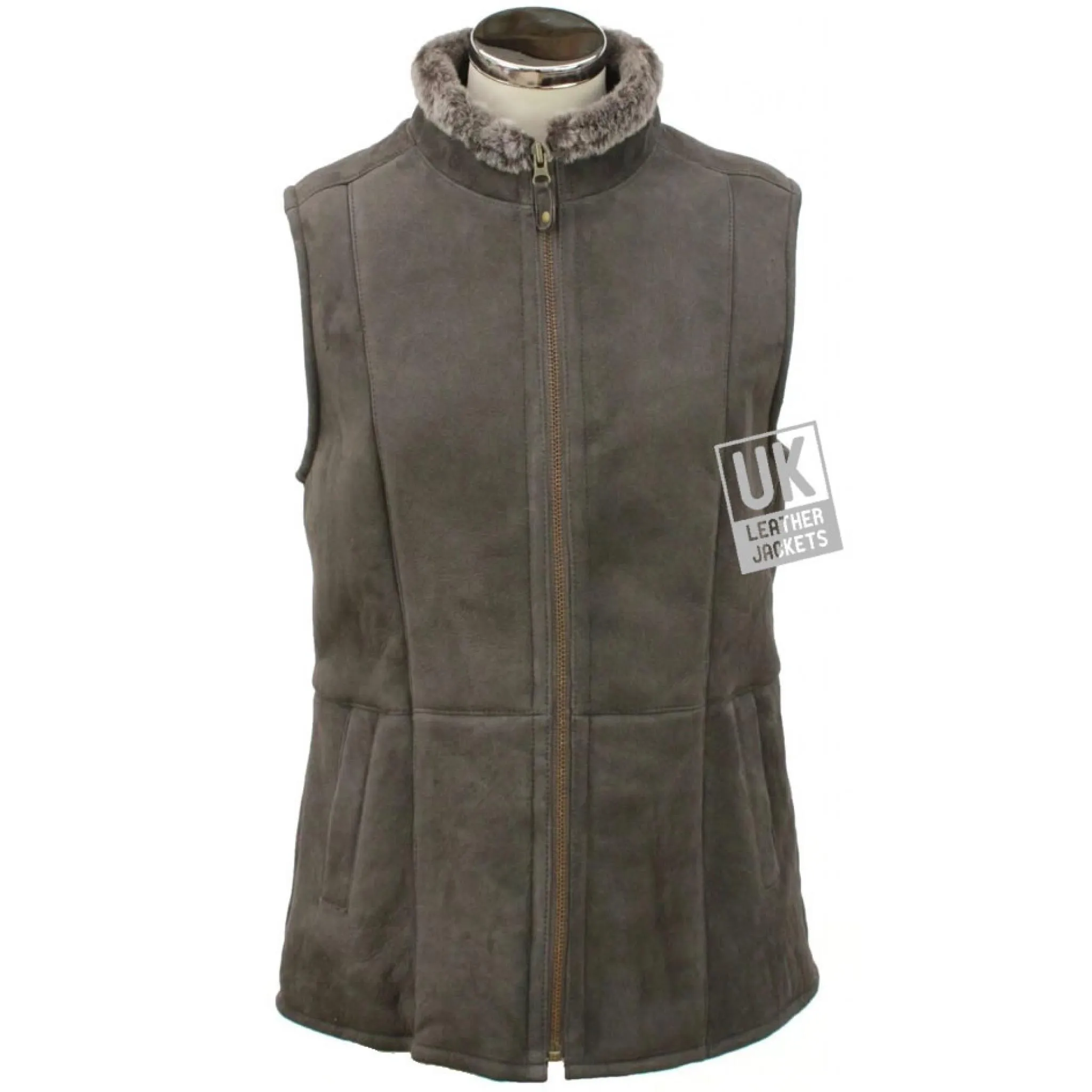 Womens Shearling Sheepskin Zip Gilet - Grey Suede