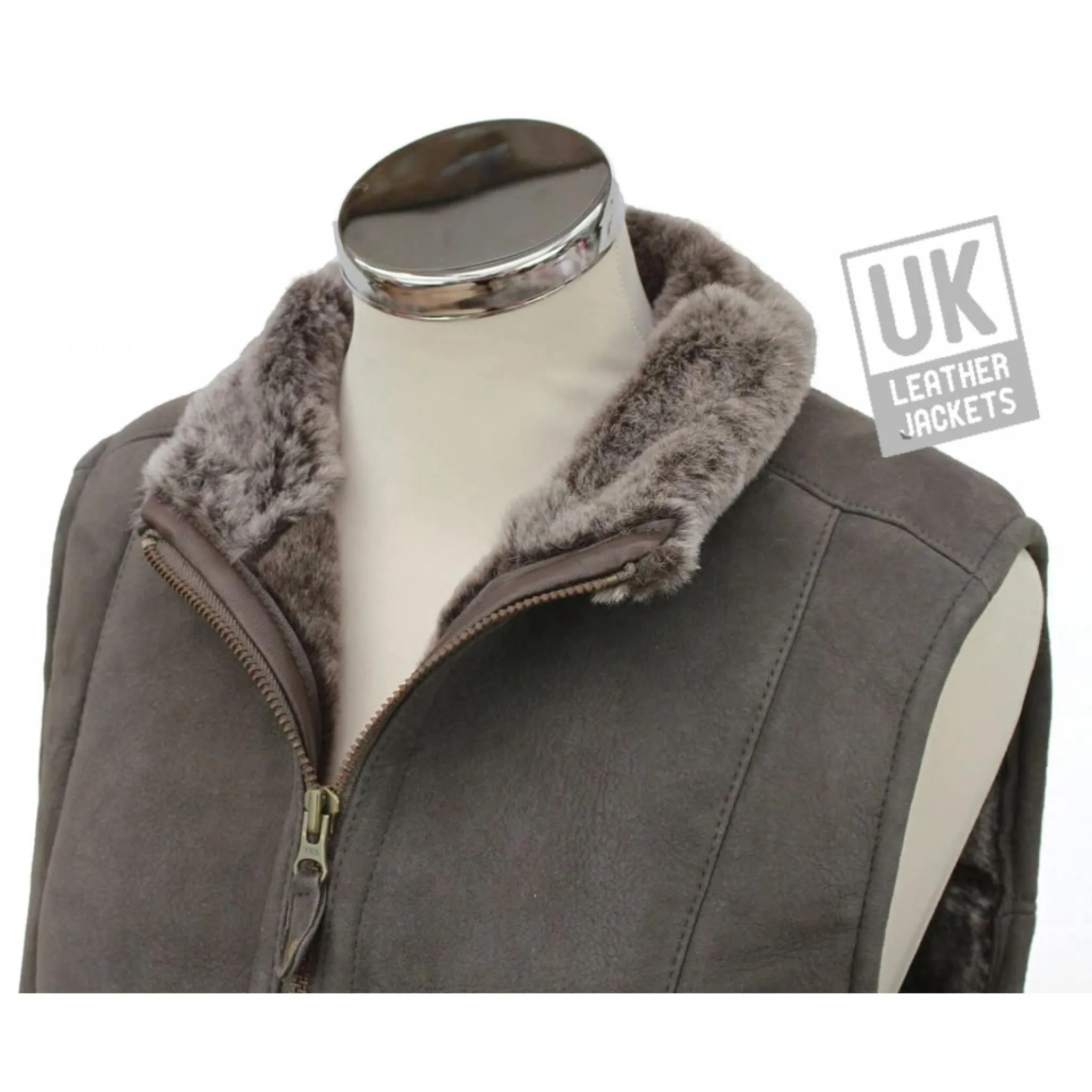 Womens Shearling Sheepskin Zip Gilet - Grey Suede