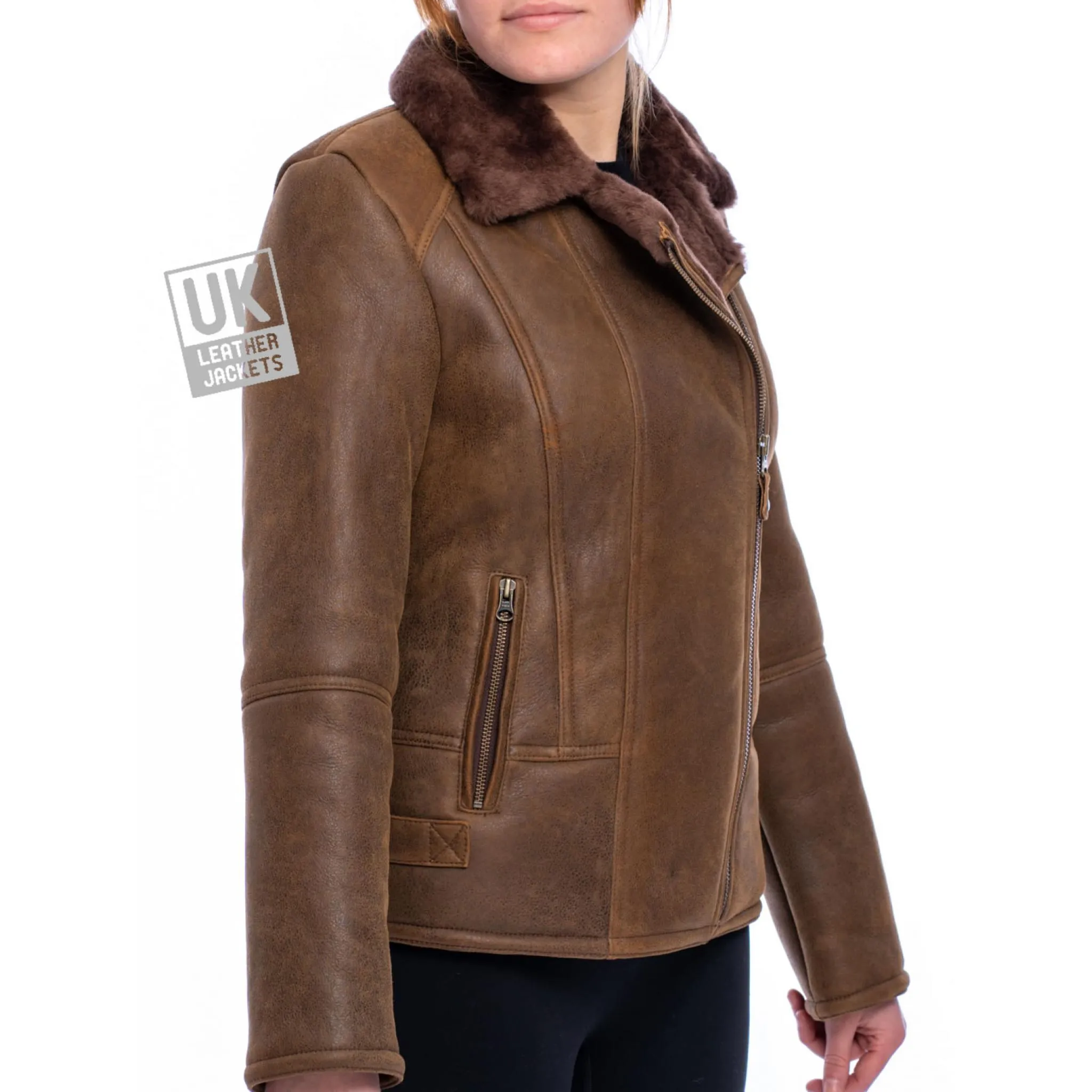 Womens Sheepskin Flying Jacket - Sierra - Dark Chestnut | Free UK Delivery