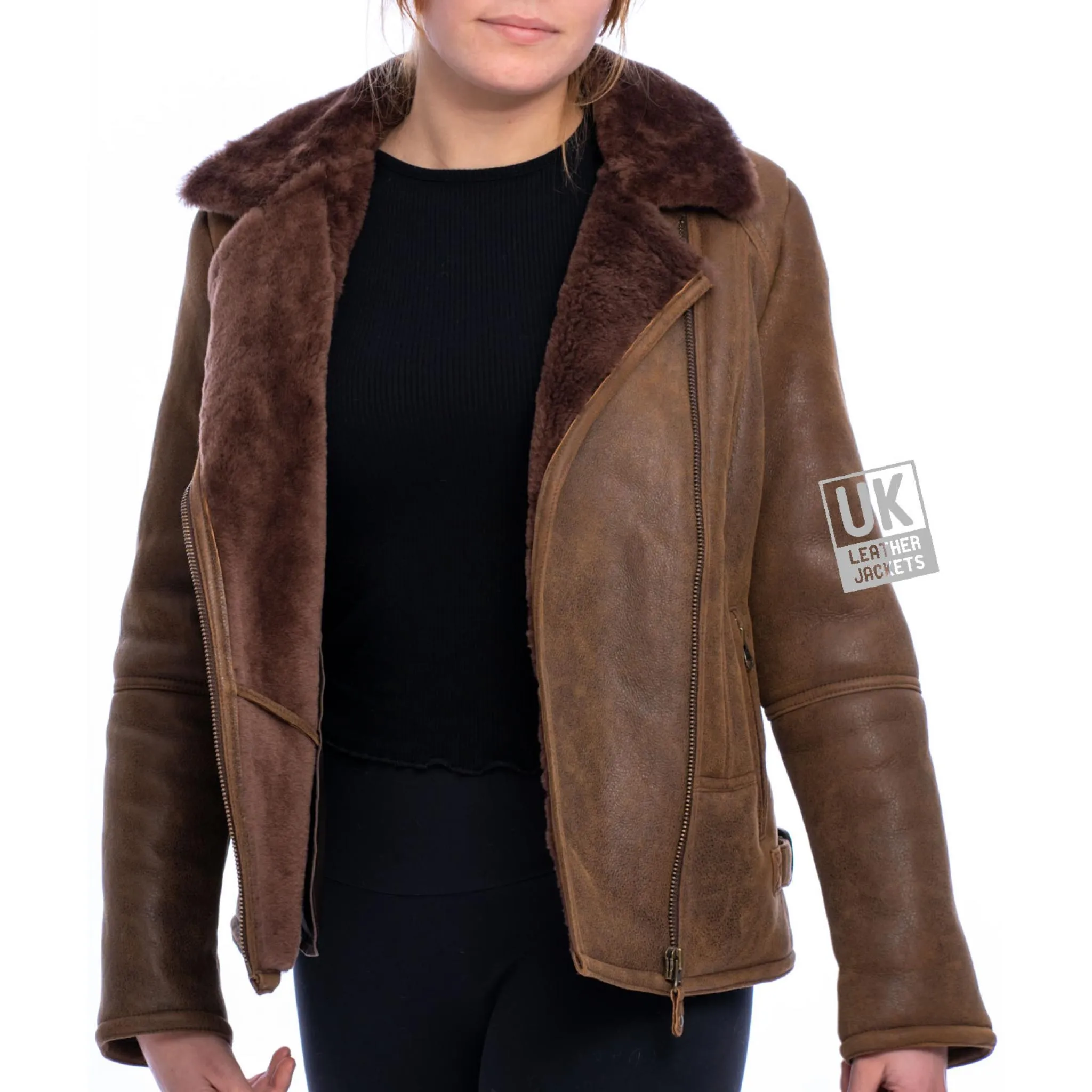 Womens Sheepskin Flying Jacket - Sierra - Dark Chestnut | Free UK Delivery