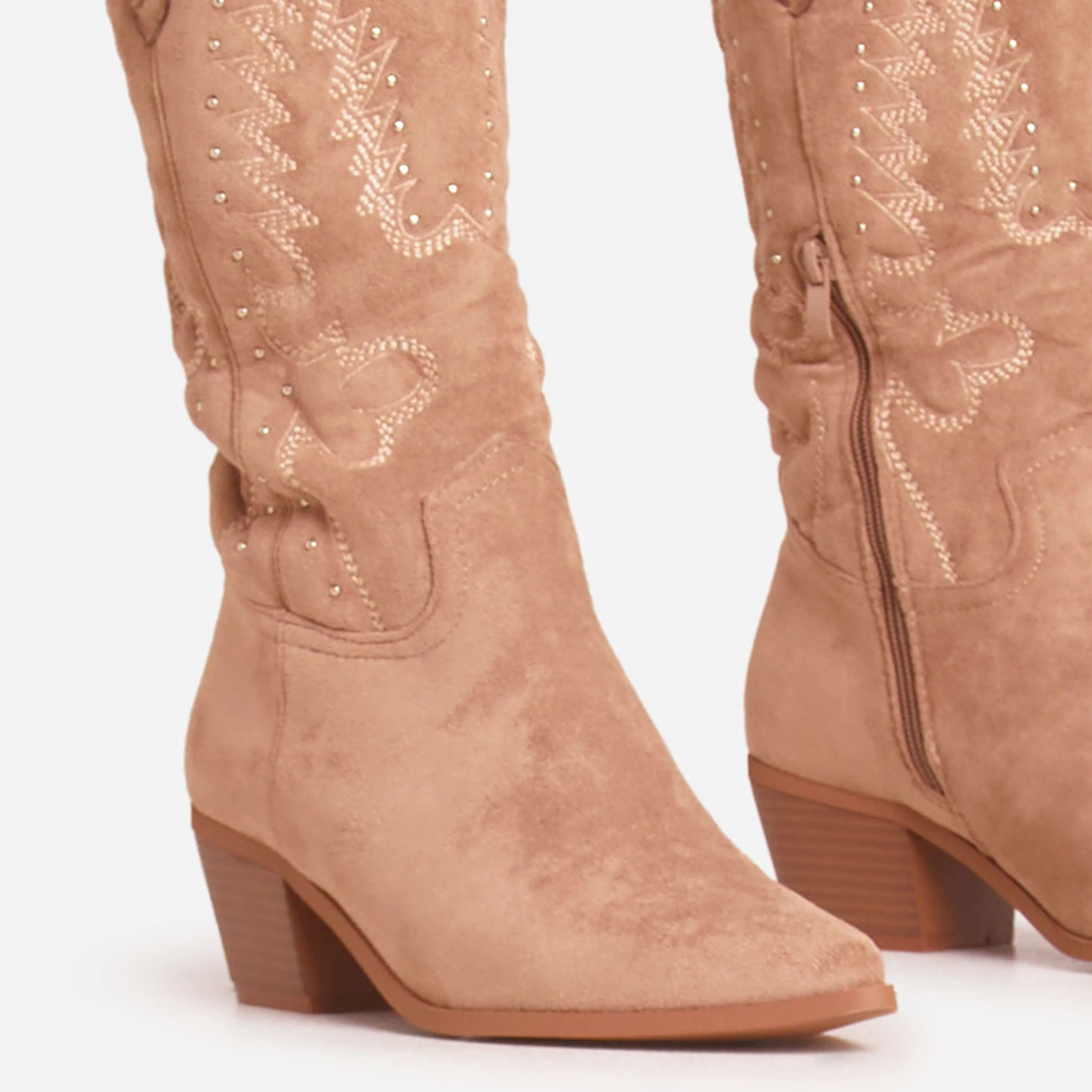 Woods Embroidered Detail Pointed Toe Mid Calf Western Cowboy Boot In Taupe Faux Suede